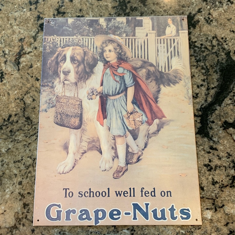 Vintage To school well fed on Grape-Nuts Metal Sign Girls Dog flowers & lunch💐
